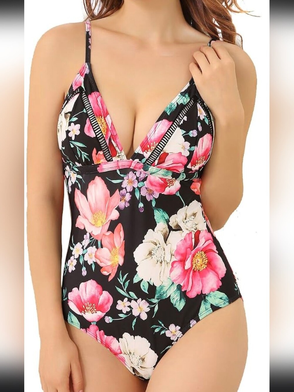 Tempt Me Black Floral One Piece Swimsuit Mesh Insets Ruched V-Neck Swimwear Sz L
